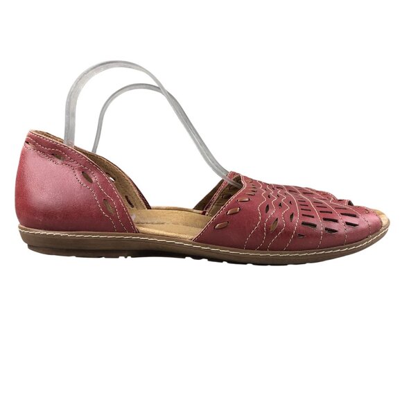 Earth Women's Size 11B Shore Regal Red Leather Peep Toe Laser Cut Flats Sandals - Picture 1 of 15